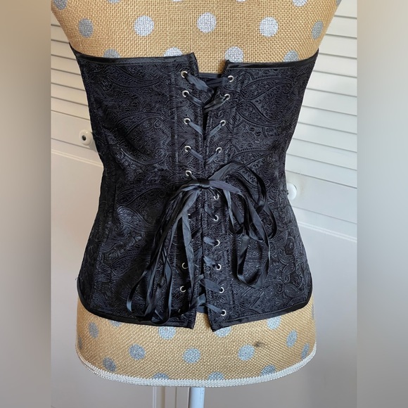 Black ruffle side zip Corset Sz L brocade fabric goth Halloween - Picture 5 of 10